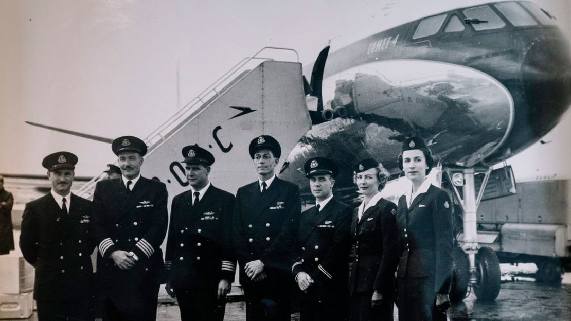 Peggy Thorne, right, with the crew of the first transatlantic jet engine flight.