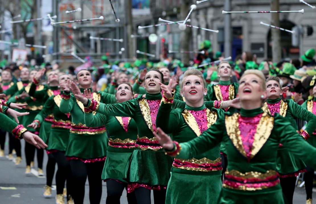 Up go the batons in Dublin's 2018 St. Patrick's Day Parade.