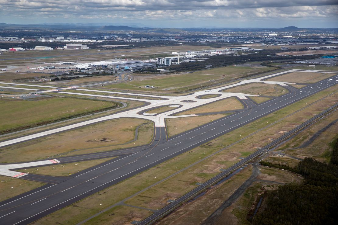 An aerial view of Brisbane Airport.