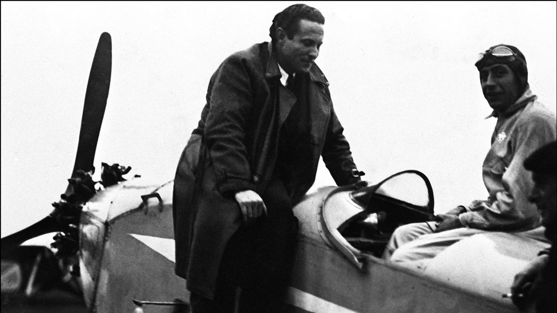 In May 1930, French aviator Jean Mermoz (center) who was the first pilot to fly from Rio de Janeiro to Santiago across the Andes. 