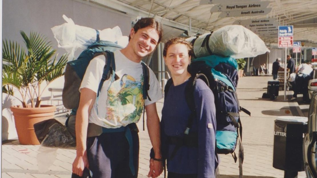 Mandy and Lee at Auckland Airport in 1997, about to embark on their travels.