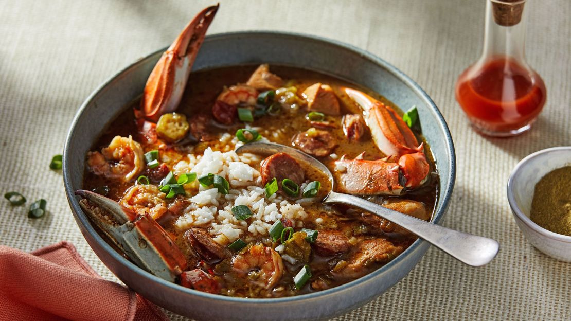 Chicken, sausage and seafood festoon this gumbo.