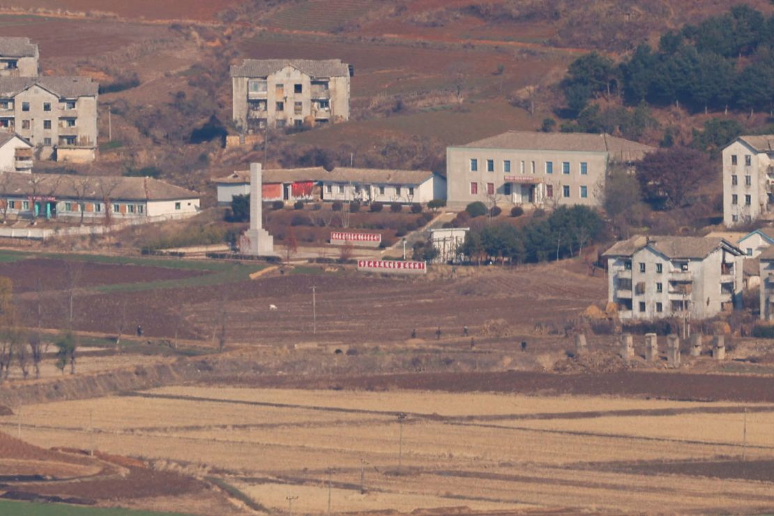 North Korean citizens walk in Kaepung, in this picture taken from the top of the Aegibong Peak Observatory.