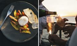 Pair of dining photos on the Seabourn pursuit, one showing a tomato and cheese salad, and one showing champagne being poured at sunset on the deck