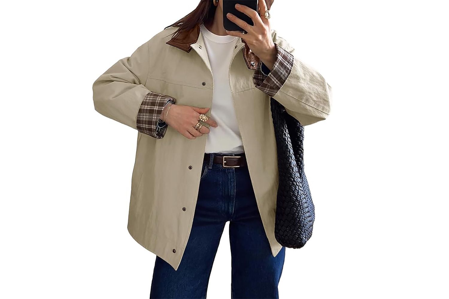 Tankaneo Womens Trench Coat Oversized Fall Barn Jacket Leather Collar Plaid Color Block Windproof Overcoat