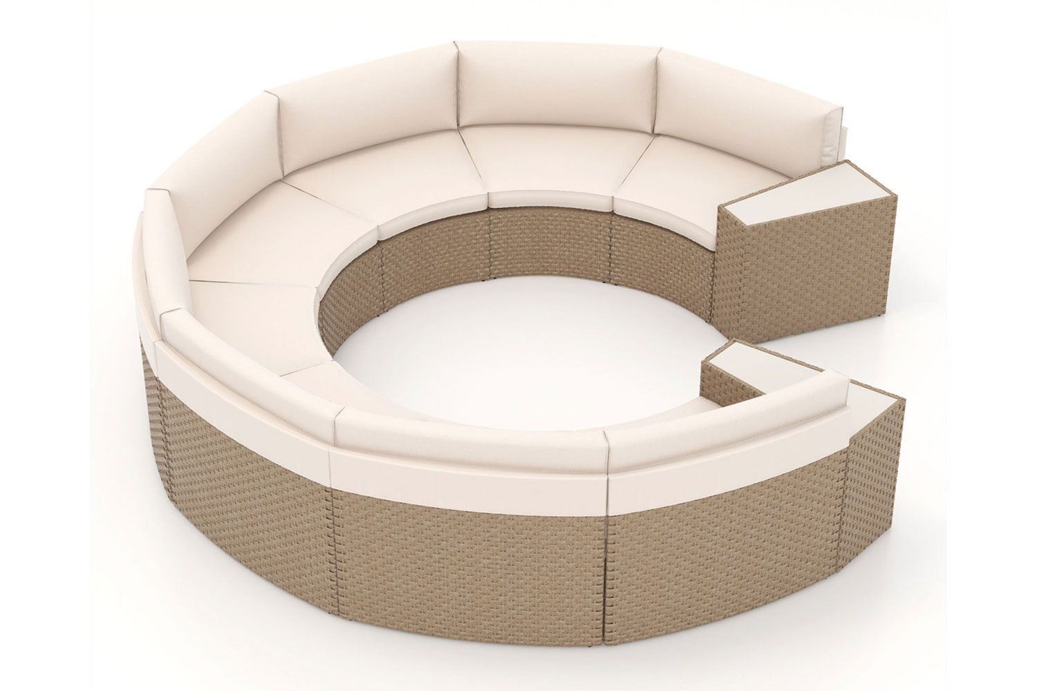 Circular outdoor seating group with cushions featuring a sectional design and wickerstyle base