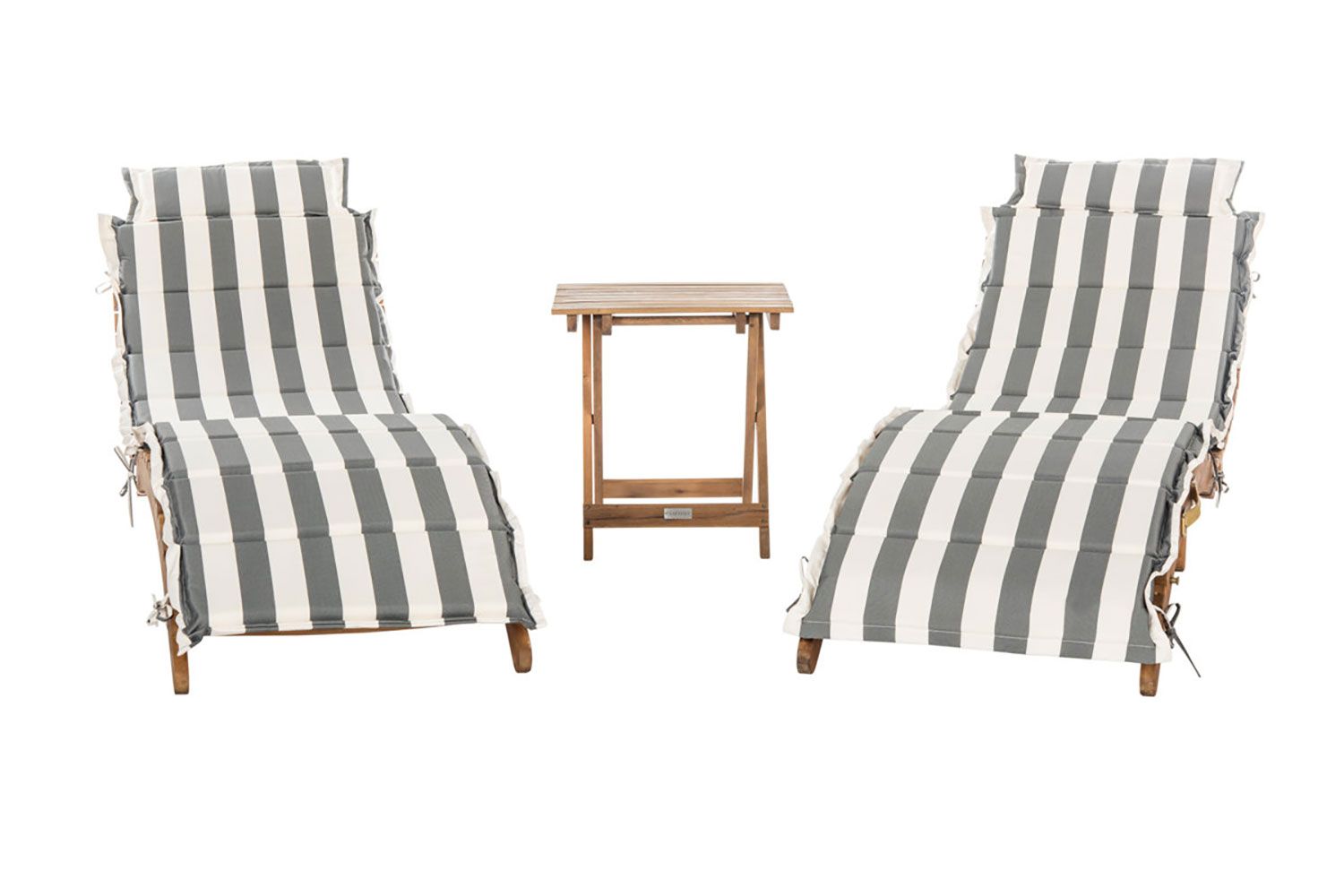 Two striped chaise lounges and a matching wooden side table