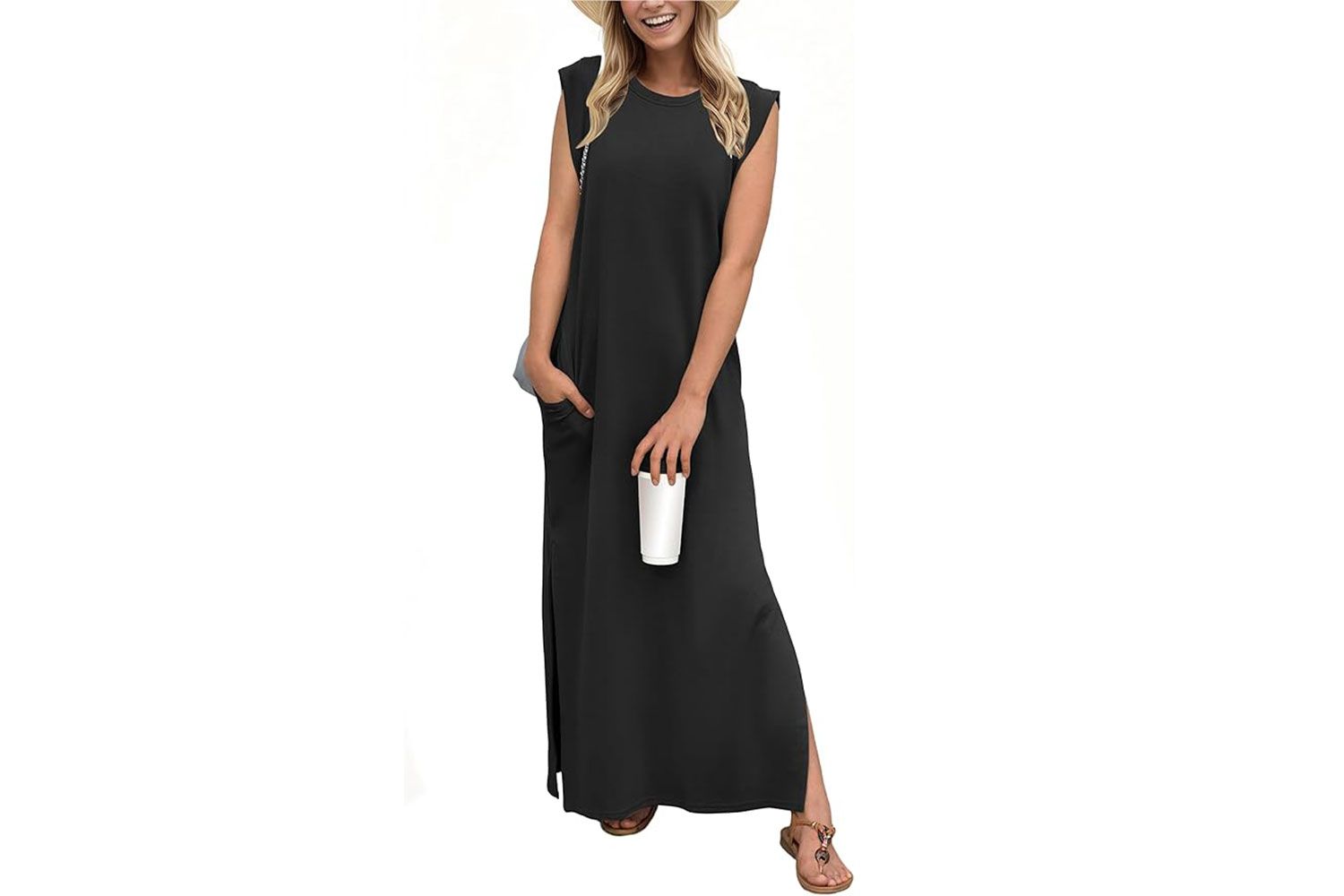 GRECERELLE Year-Round Casual Round Neck Loose Split Wrinkle-Free Long Maxi