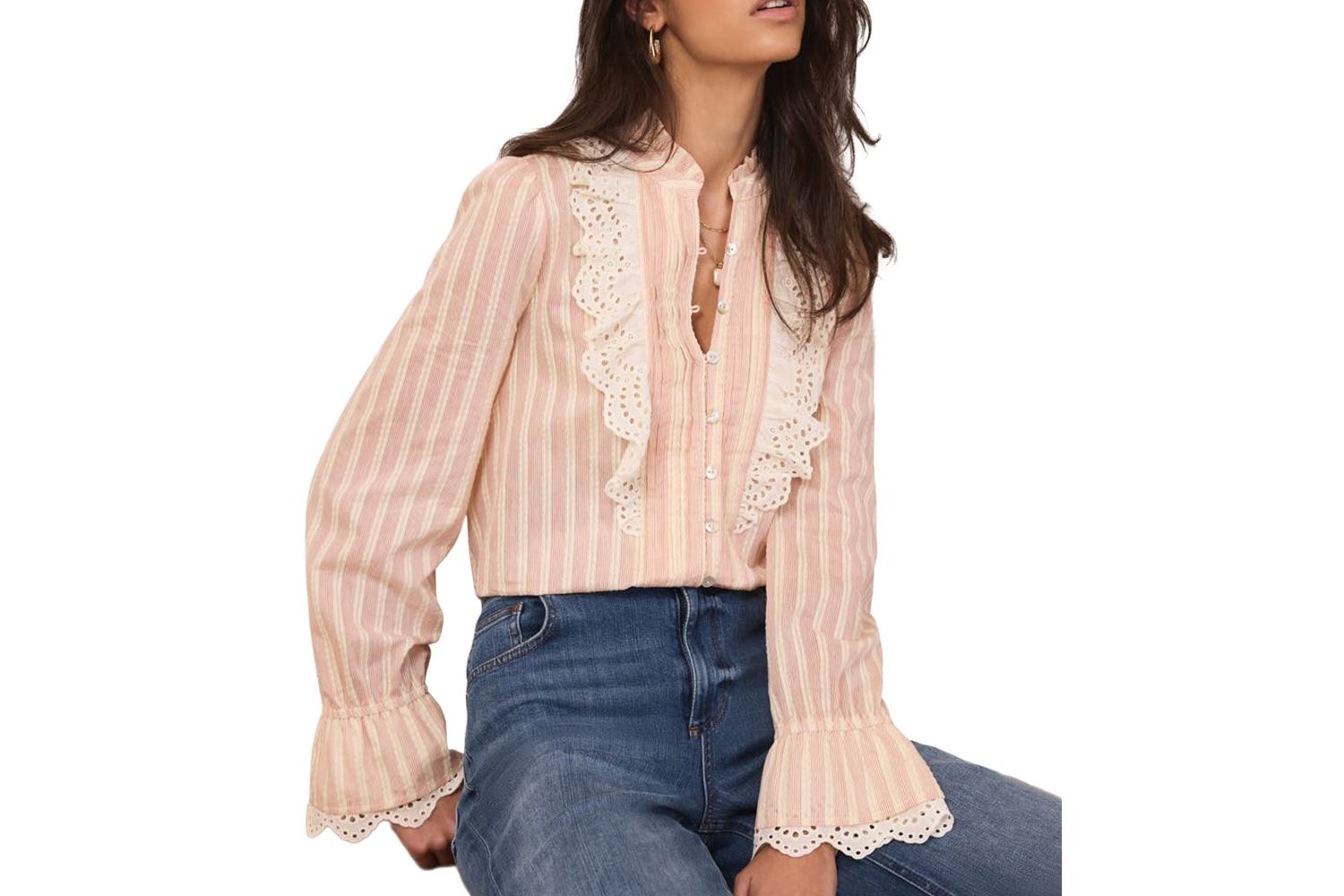 MINT VELVET Striped Broderie Trim Blouse